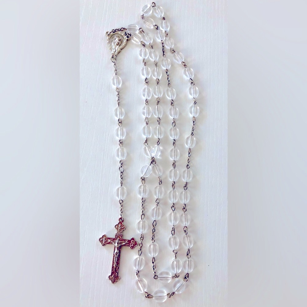 blessed Clear, frosted rosary beads with 2" crucifix & Our lady medallion 26"L